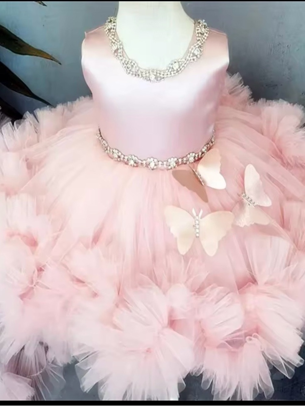 Pink Tulle Butterfly Party Dress with Rhinestone Trim